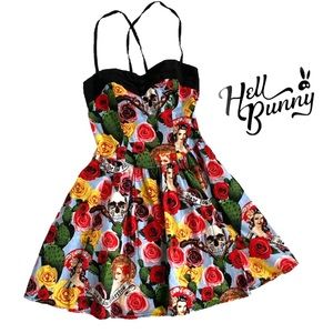HELL BUNNY CANCUN DIA DE LOS MUERTOS MINI DRESS CACTUS SKULLS MEXICO L
